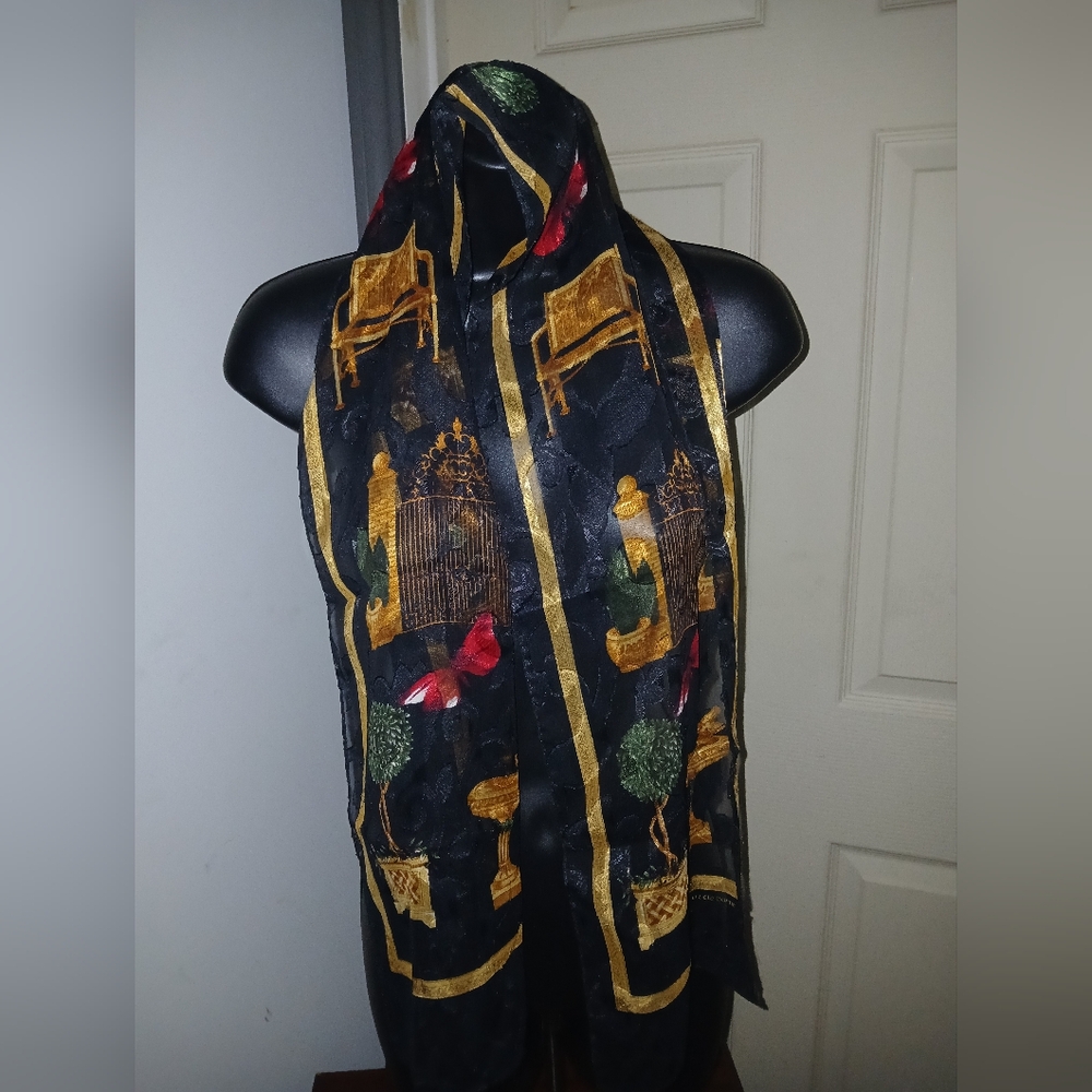Vintage Liz Claiborne Silk Chic Black and Gold Scarf